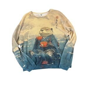 Otter‎ Tea All Over Print Waffle Knit Crewneck Sweatshirt Japanese Art Cozy 2XL